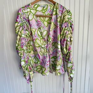 ASOS Pink, Green & White Floral Ruched Sleeve Blouse